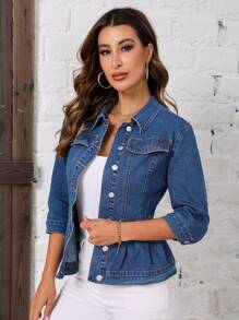 SHEIN LUNE Flap Detail Ruffle Hem Denim Jacket - Blue - View 6
