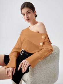 BizChic Asymmetrical Neck Button Detail Blouse - Brown - View 6