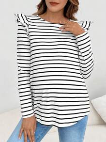 SHEIN Maternity Striped Print Button Back Ruffle Trim Tee - White - View 2