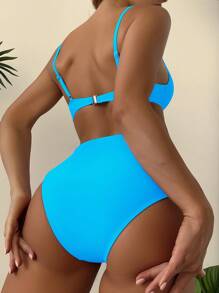 SHEIN Swim Summer Beach Plain Push Up Bikini Set - Blue - View 2