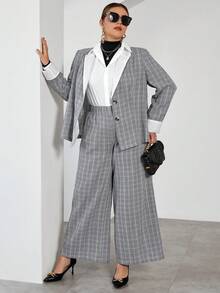 SHEIN Privé Plus 1pc Contrast Peak Collar Plaid Blazer and 1pc Pants Set - Multicolor - View 4