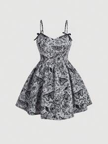 SHEIN MOD Váy hai dây in họa tiết hoa và bướm có nơ phía trước - Nhiều màu - Xem 5