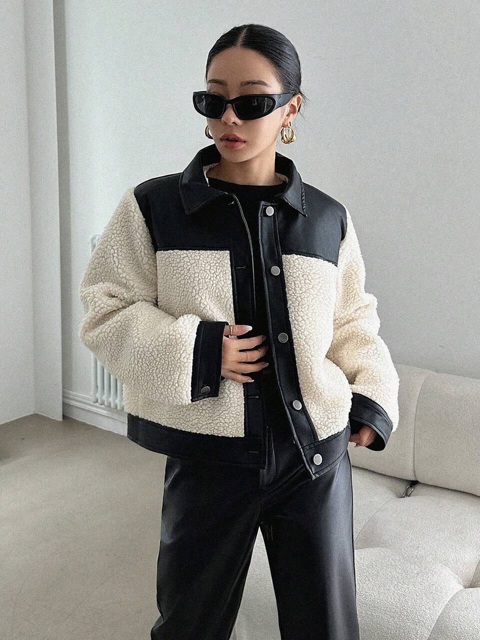 Women's Autumn/Winter Patchwork Sherpa Casual Single-Breasted Jacket