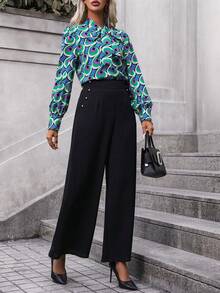 SHEIN Clasi Allover Print Tie Neck Blouse & Wide Leg Pants - Multicolor - View 5