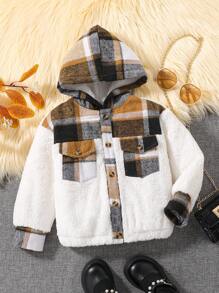 男小童格紋印花翻蓋口袋連帽毛絨夾克 - 彩色 - 查看 1