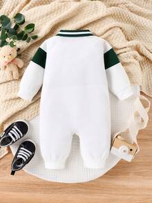 男嬰小熊貼片字母圖案撞色領 Polo 領連身褲 - 白色 - 查看 2