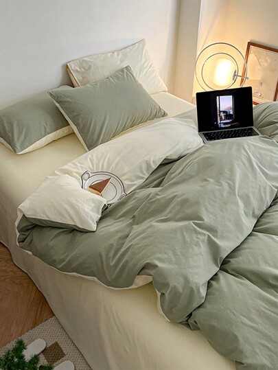 3pcs Green & Beige Dorm/Bedroom Bedding Set, 1pc Duvet Cover & 2pcs Pillow Case, No Filling, Machine Washable