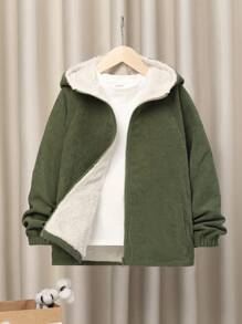SHEIN Tween Boy 1pc Letter Embroidery Raglan Sleeve Hooded Thermal Lined Coat - Army Green - View 5