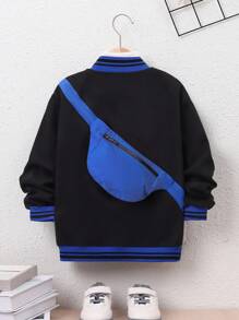 SHEIN Tween Boy Striped Trim Varsity Jacket Without Bag - Black - View 1