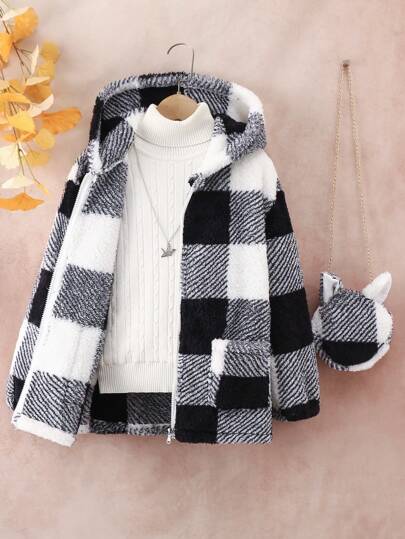 Tween Girl Buffalo Plaid Pattern Hooded Teddy Coat Without Sweater