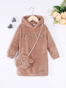 SHEIN Young Girl Letter Embroidery Teddy Hooded Sweatshirt Dress With Bag - Apricot - View 1