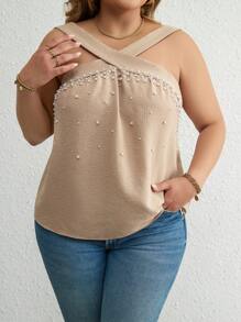 SHEIN Clasi Plus Top À Fines Brides À Perles Croisé - Kaki - Voir 4