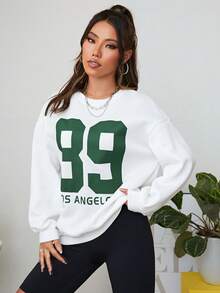 SHEIN EZwear 數字和字母圖案落肩袖內襯連帽衫 - 白色 - 查看 5