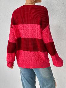 SHEIN Unity 双色落肩针织套头衫秋冬毛衣 - 紅色 - 查看 2