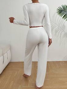 ZzzCrew Lettuce Trim Bow Front PJ Set / Pajama Set White Set, Fall Winter Clothes - White - View 2