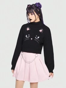 ROMWE Kawaii 卡通貓樣式高領落肩袖套頭毛衣 - 黑色 - 查看 6