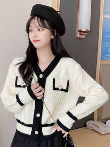 Áo Cardigan thường xuyên thả vai có viền tương phản, áo dài tay - Màu be - Xem 3