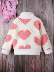 SHEIN 女小童1入組愛心圖案毛絨夾克&包 - 杏色 - 查看 2