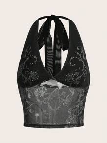 ROMWE PUNK Áo yếm in hoa, trường học - màu đen - Xem 1