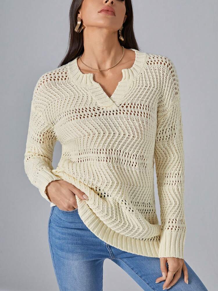 Notched Neck Pointelle Knit Drop Shoulder Sweater