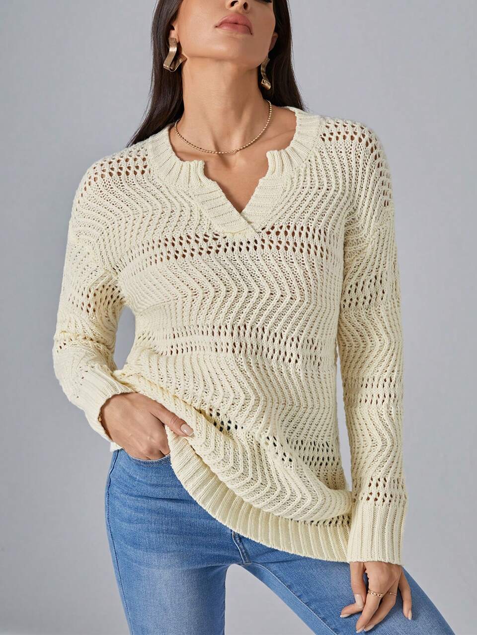 Notched Neck Pointelle Knit Drop Shoulder Sweater