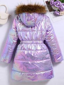 Tween Girl Mid-Length Padded Coat With Hood, Collar And Shiny Fabric, Adjustable Waist Fall Winter - Lilac Purple - View 2