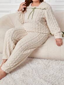 Plus Bow Front Flannel PJ Set / Pajama Set - Màu be - Xem 3