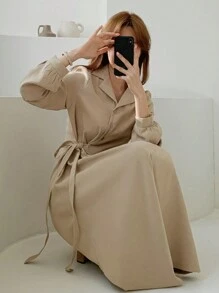 纯色结饰侧衬衫裙，秋装 - 卡其色 - 查看 4