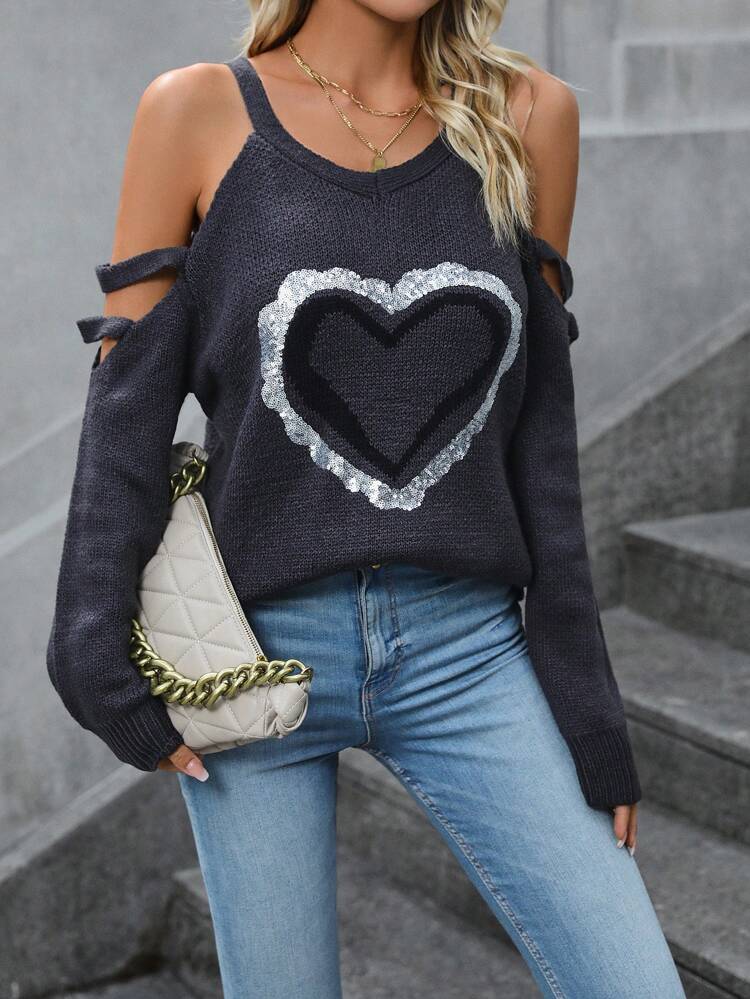 Heart Pattern Cold Shoulder Knit Pullover Fall Winter Sweater