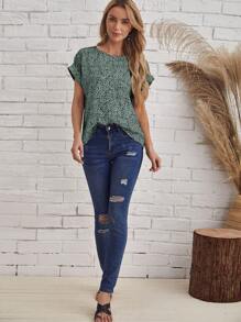 EMERY ROSE Allover Print Batwing Sleeve Top - Green - View 5