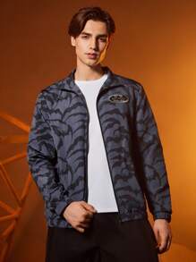 BATMAN X SHEIN 男士1入組滿版印花字母補丁細節夾克 - 黑色 - 查看 4