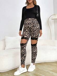 SHEIN 蕾絲拼接 挖空豹紋孕婦打底褲 - 彩色 - 查看 4