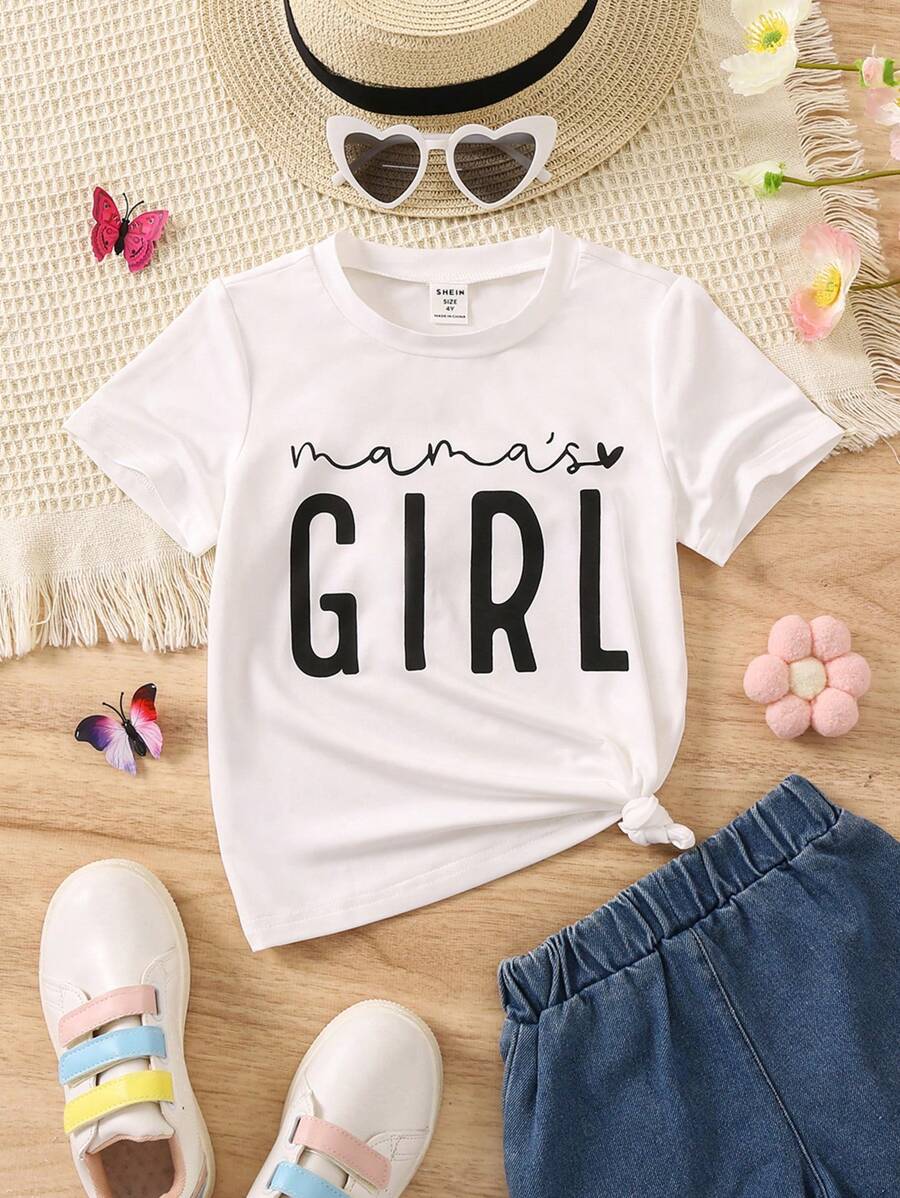 SHEIN 女小童字母圖案T恤 - 白色 - 查看 1