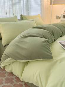 3pcs Green Washed Double-sided Duvet Cover And Pillowcase Set - Green - View 1