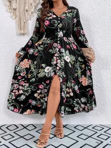 SHEIN LUNE Plus Floral Print Lantern Sleeve Split Thigh Dress - Black - View 3