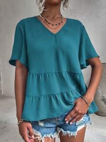 Breezaya Chất rắn Xù Hoa Sen Áo sơ mi - Màu xanh ngọc - Xem 6