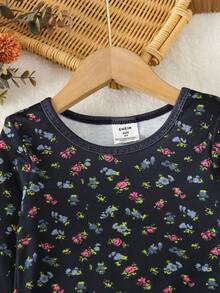 Young Girl Ditsy Floral Print Snug Fit PJ Set - Black - View 3