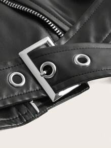 ROMWE PUNK Cazadora chaleco unicolor con cremallera PU sin top - Negro - Ver 4