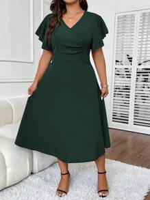 Celure Plus Solid Butterfly Sleeve A-line Dress - Dark Green - View 4