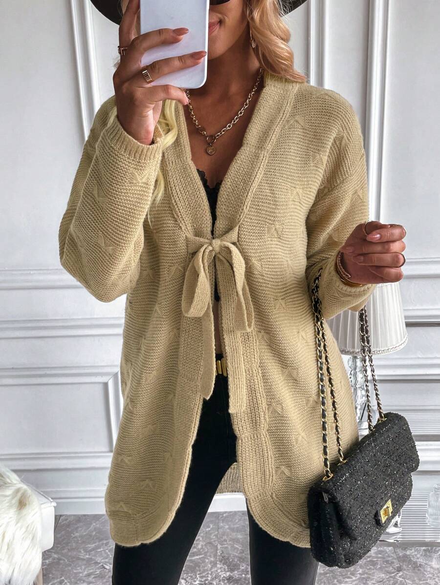 SHEIN LUNE Tie Trước Thả vai Áo len Mở - Lạc đà - Xem 1