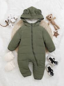SHEIN 男嬰3D耳朵設計連帽拉鍊連身褲 - 軍綠色 - 查看 3