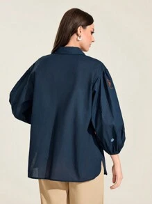 Seusyu 海星&貝殼圖案燈籠袖襯衫 - 藏蓝色 - 查看 2