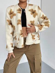 Flirla Bear Pattern Flap Pocket Teddy Bomber Jacket Fall Cloth For Women - White - View 4