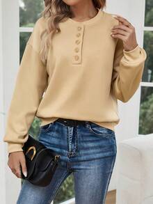 SHEIN LUNE 半排扣落肩袖運動衫 - 卡其色 - 查看 4