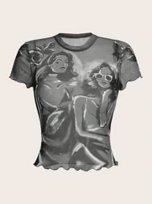 SHEIN ICON 人像圖案木耳邊網紗上衣 - 彩色 - 查看 1