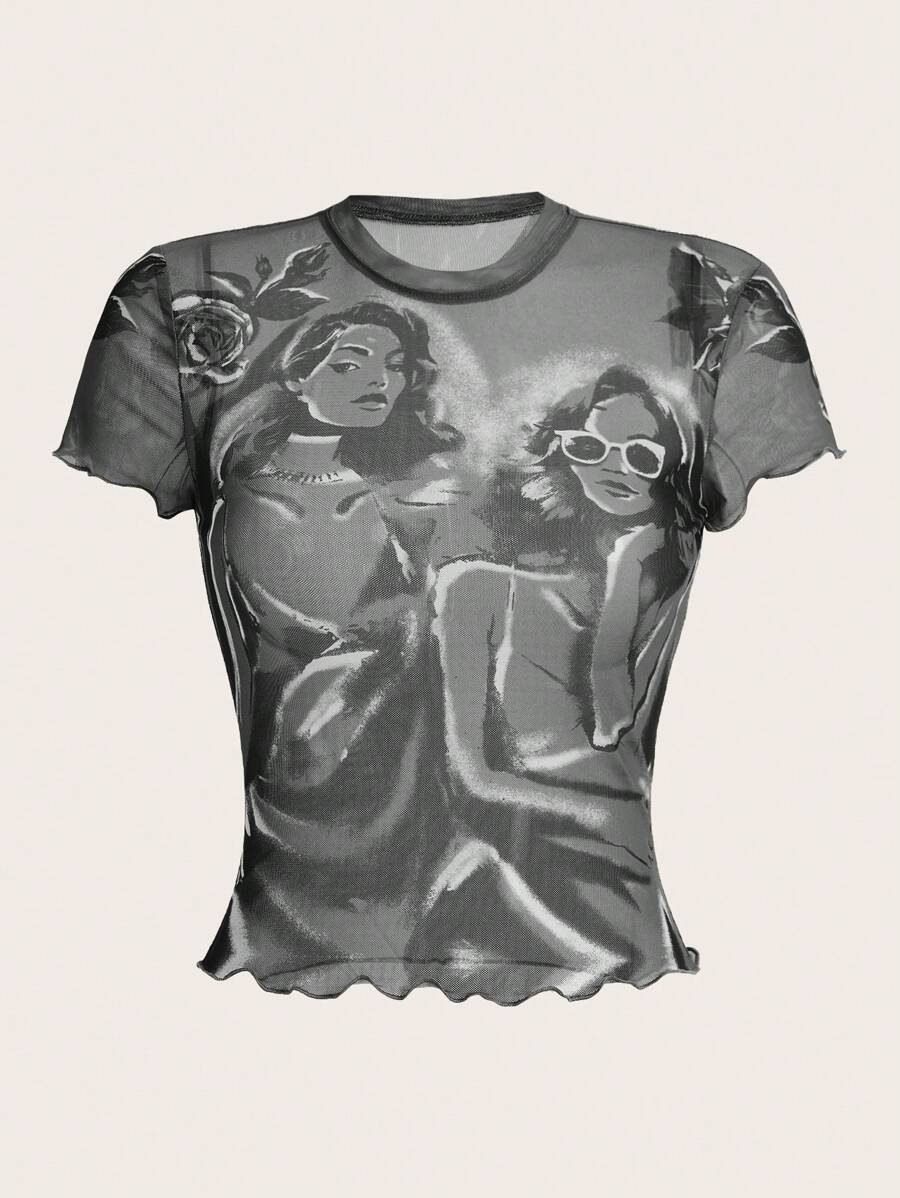 SHEIN ICON 人像圖案木耳邊網紗上衣 - 彩色 - 查看 1