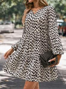 SHEIN Clasi In Toàn bộ Tay áo lồng đèn Xù Hoa Sen Váy Smock - Màu Khaki - Xem 6