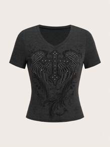 ROMWE Grunge Punk Wings & Cross Graphic Tee - Dark Grey - View 6