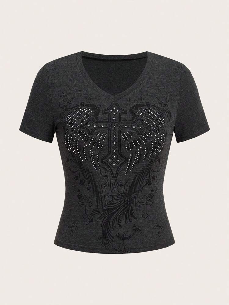 ROMWE Grunge Punk Wings & Cross Graphic Tee - Dark Grey - View 6