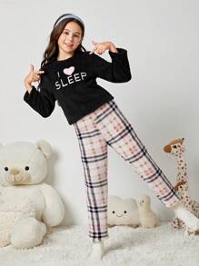 Tween Girl Letter & Plaid Print PJ Set - Multicolor - View 1